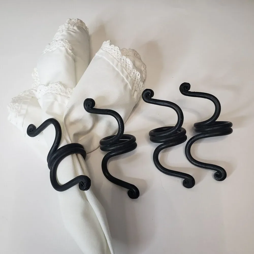 4 Wrought Iron Napkin Rings Rustic Farmhouse Coiled Spiral & Scroll Table Decor